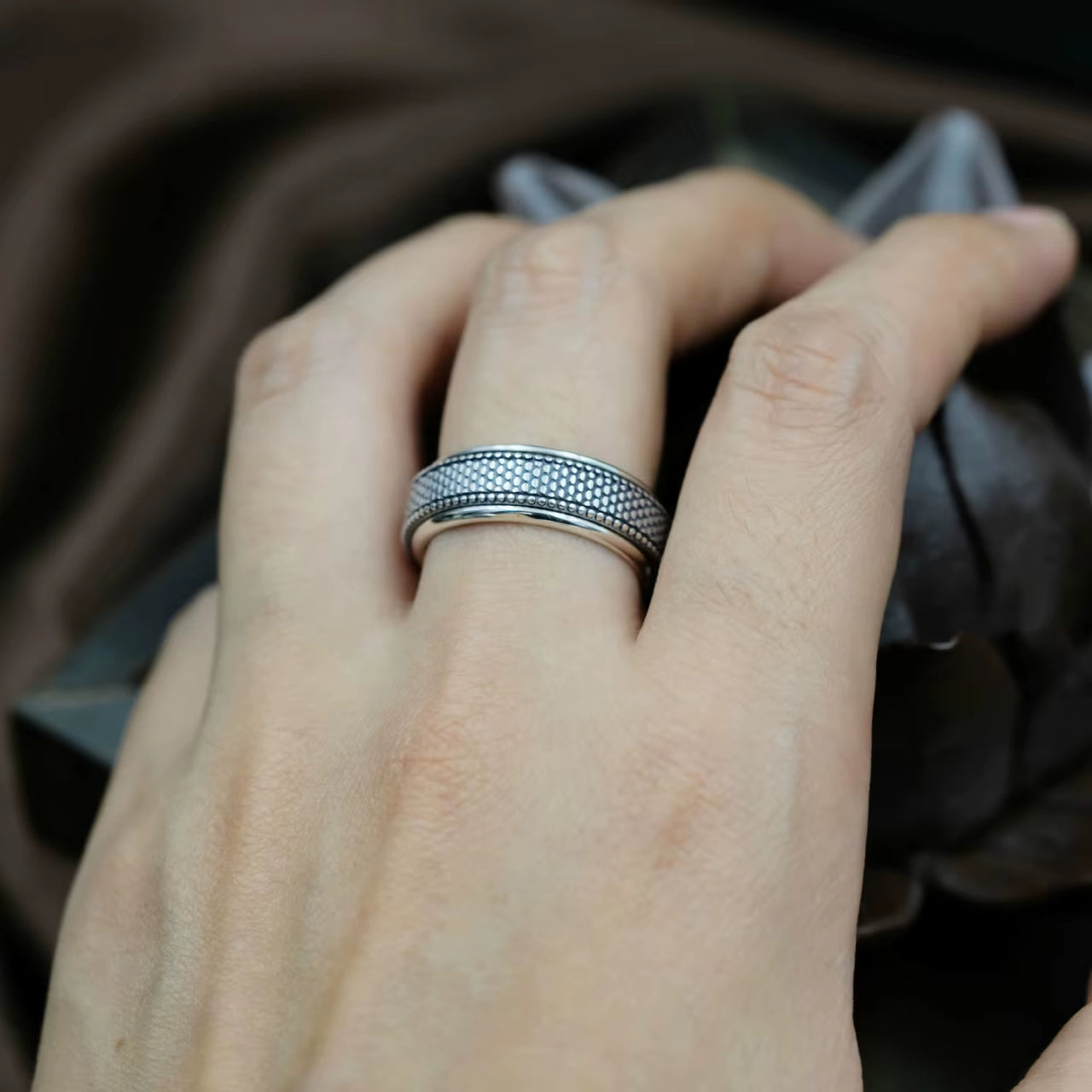 925 Sterling Silver Rings for Lovers Spinner Vintage Tibetan Silver Wedding Band Ring S925 Sterling Silver Turn Rotatable Ring